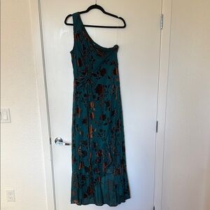 Elegant Teal and Brown One-Shoulder Dress